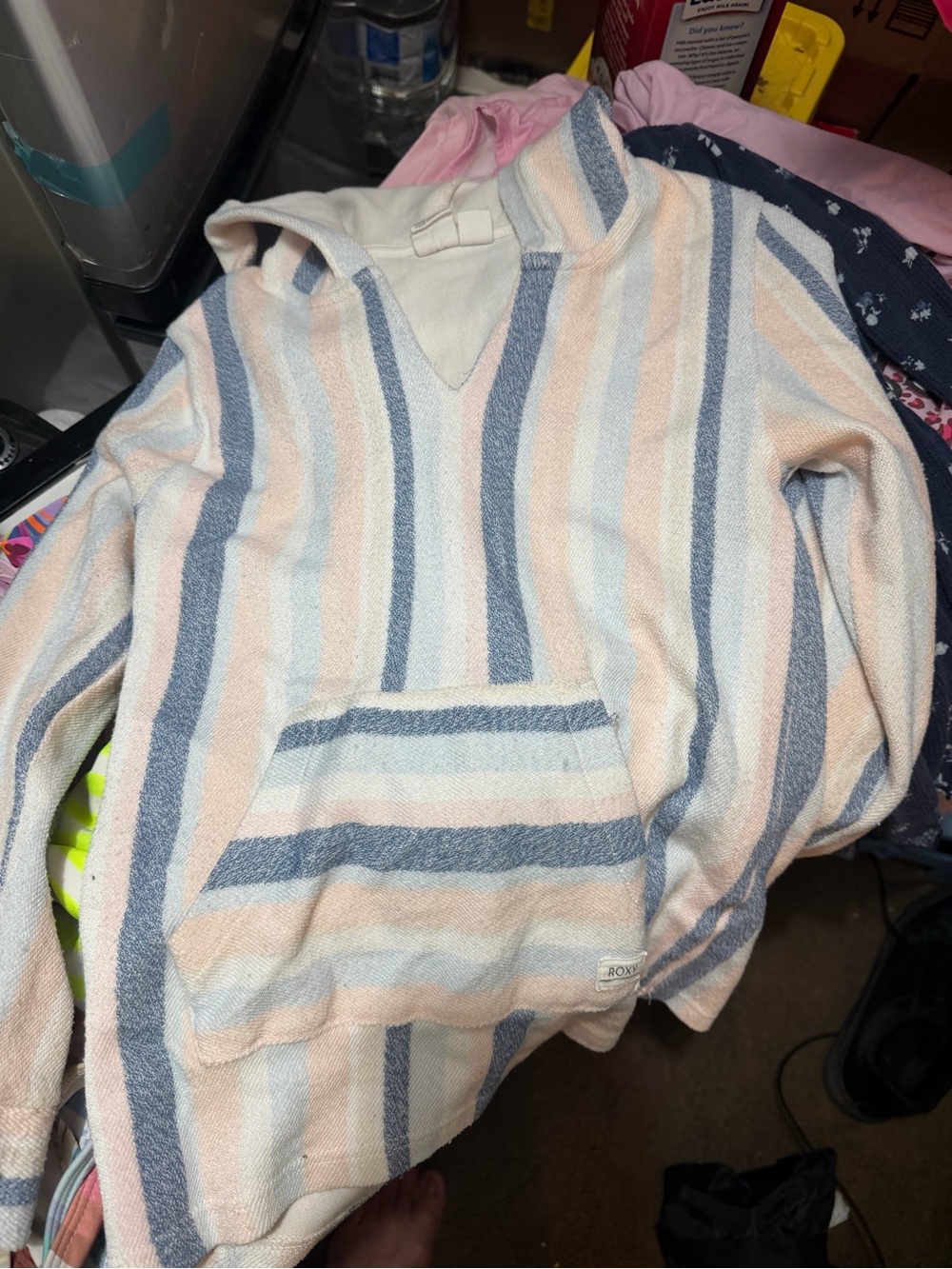Roxy Striped Hooded Pullover in Blue, Pink, and Cream